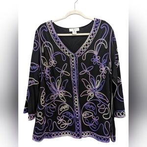 Vintage Once 1 Again Black Knit Jacket with Floral Embroidery  Size 2X